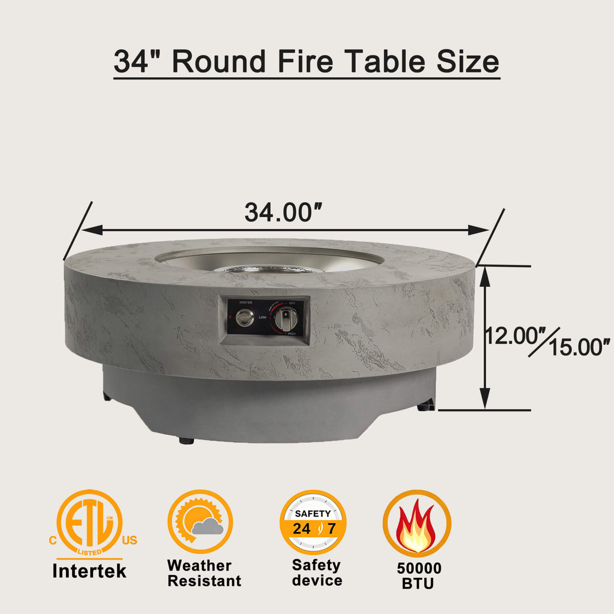 Premium 34-Inch Round Propane Fire Table 50K BTU With Glass Stones