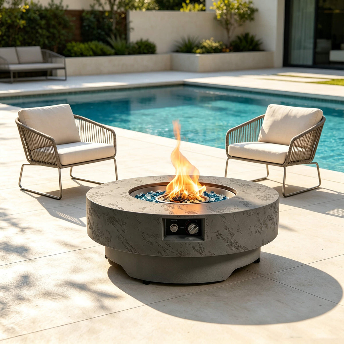 Premium 34-Inch Round Propane Fire Table 50K BTU With Glass Stones