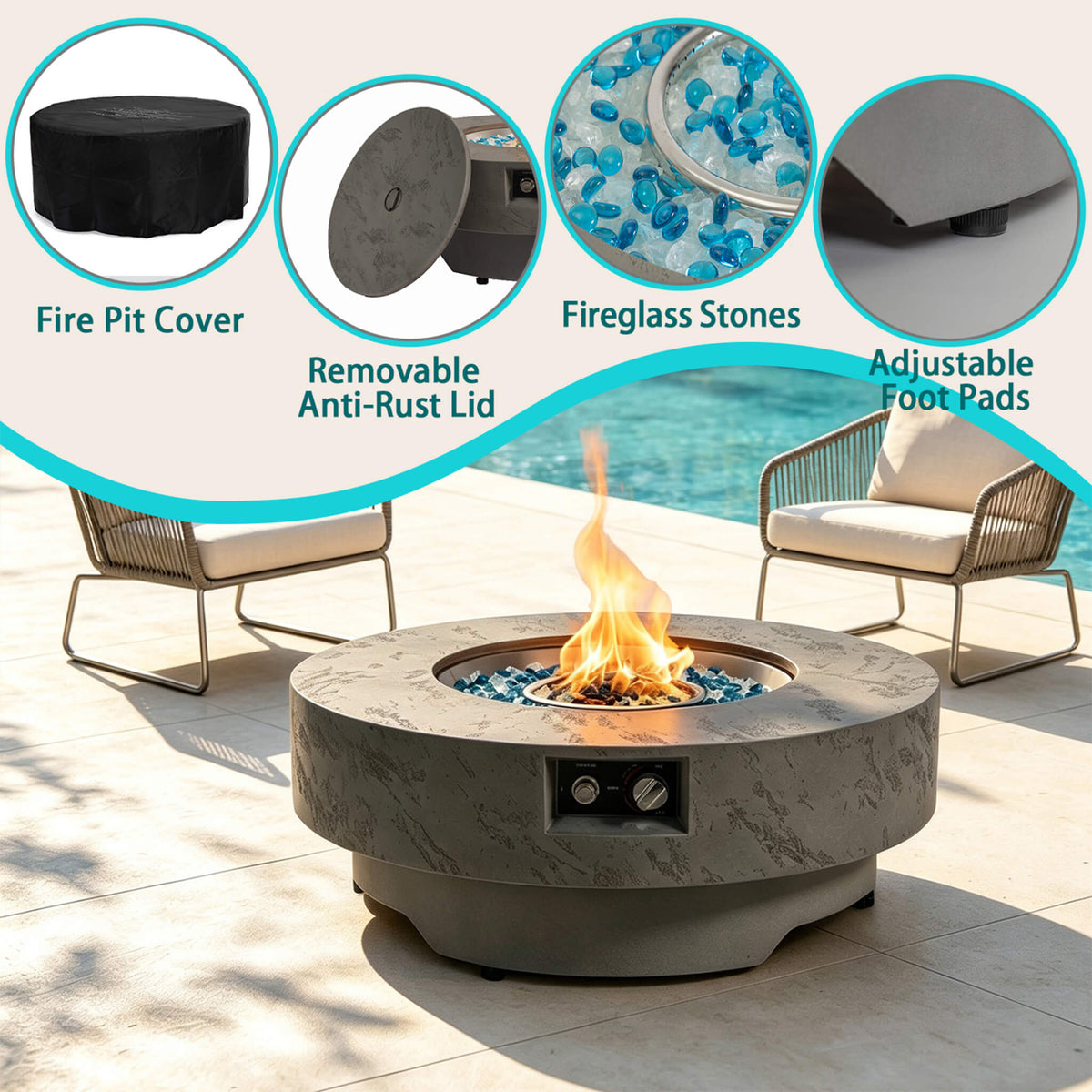 Premium 34-Inch Round Propane Fire Table 50K BTU With Glass Stones