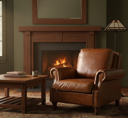 English Rolled Arm - Arm Chair - Bark Brown Leather