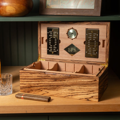 Zebrawood Cigar Humidor - Spanish Cedar Lined - 80 Count - Personalized Brass Engraving