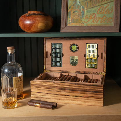 Zebrawood Cigar Humidor - Spanish Cedar Lined - 80 Count - Personalized Brass Engraving
